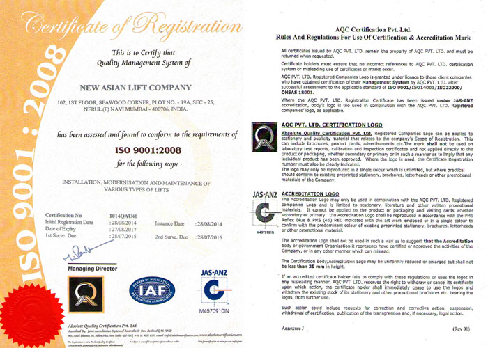 New Asian Lift ISO Certificate